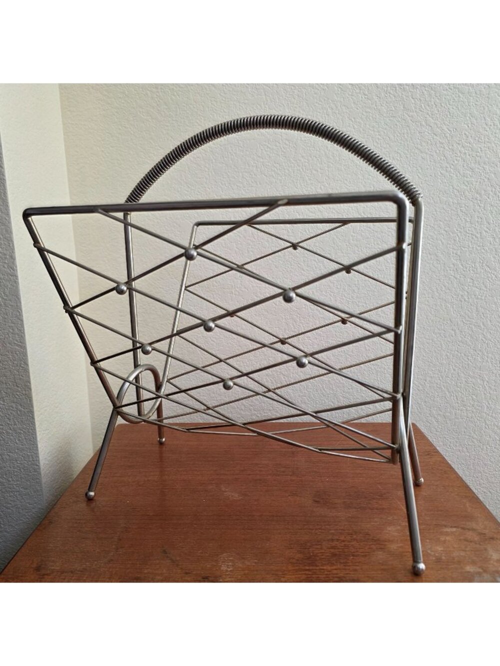 Mid-Century Modern Atomic Metal Wire Magazine LP Rack Handle Silver Finish